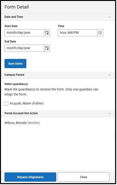 Screenshot of side panel used to request eSignatures from guardians