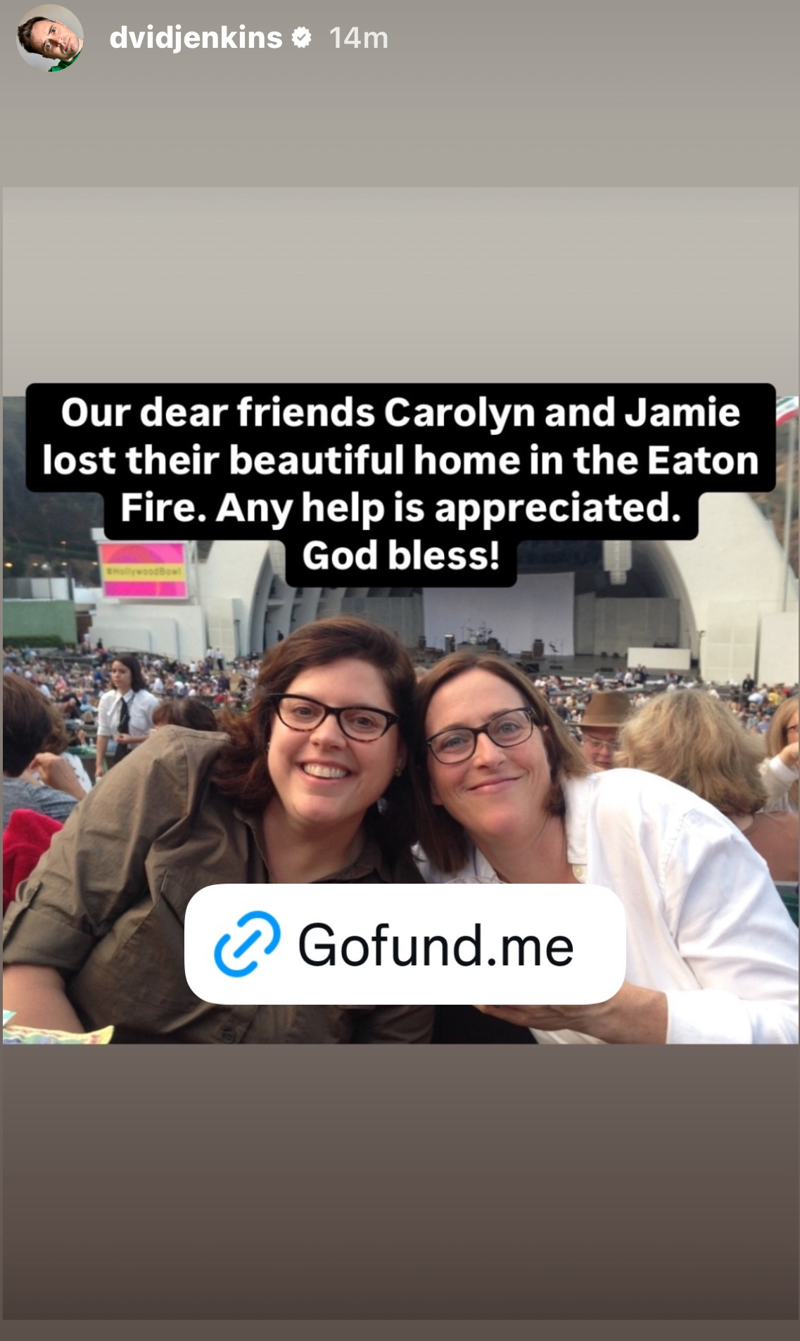 Instagram Story from David Jenkins (@ dvidJenkins) with a photo of his friends Carolyn and Jamie, a link to their GoFundMe page, and the text: 'Our dear friends Carolyn and Jamie lost their beautiful home in the Eaton Fire. Any help is appreciated. God bless!'