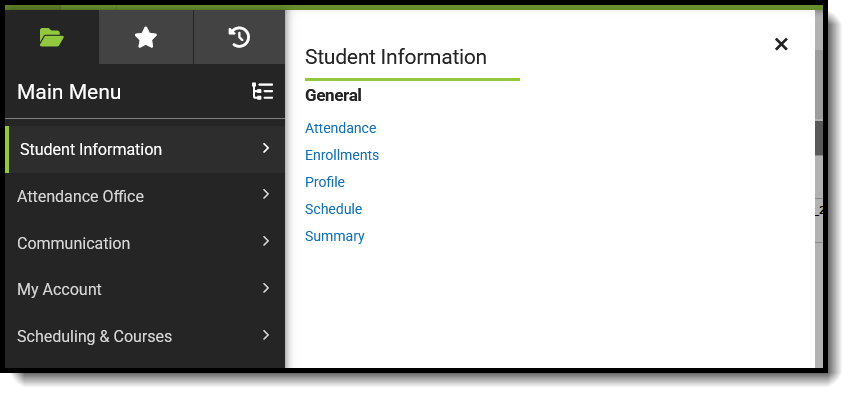 Screenshot of suggested Student Information tools for Attendance Clerks