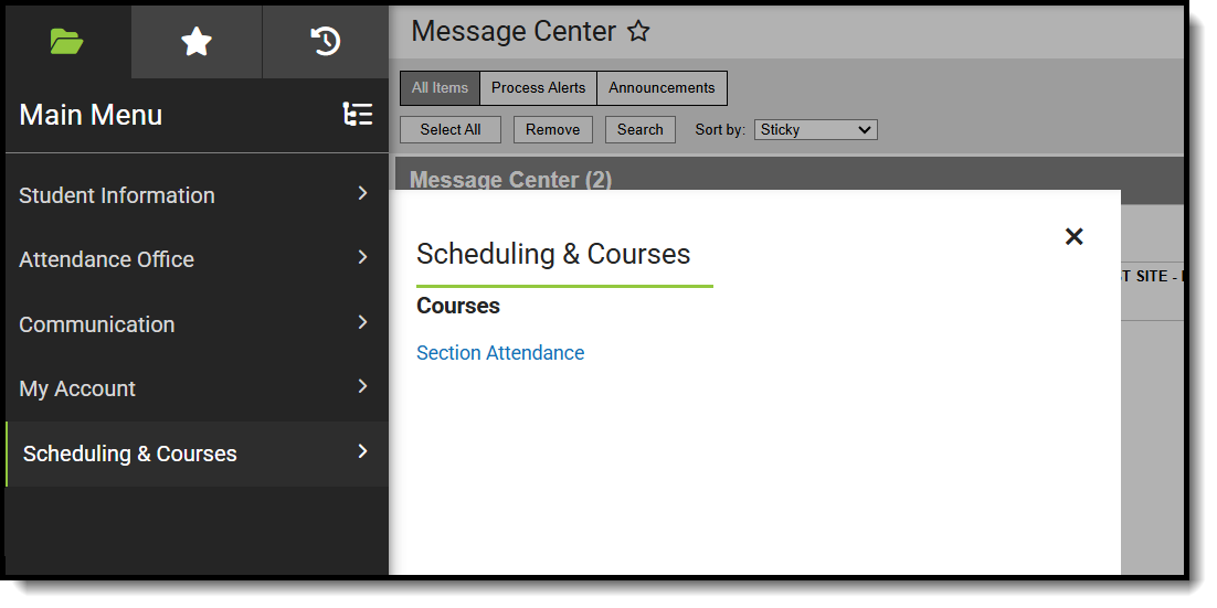 Screenshot of suggested Scheduling & Courses tools for Attendance Clerks. 