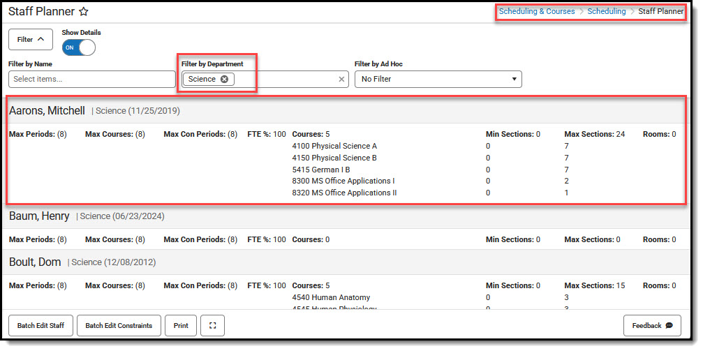 Screenshot of main Staff Planner screen with Show Details selected, filtered by Department with Science teachers selected.