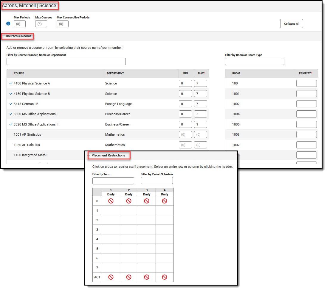 Screenshot showing course, room, period restrictions for selected teacher in Staff Planner.