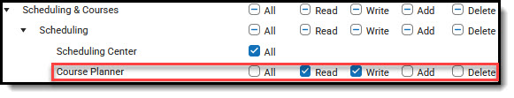 Screenshot of Course Planner tool rights
