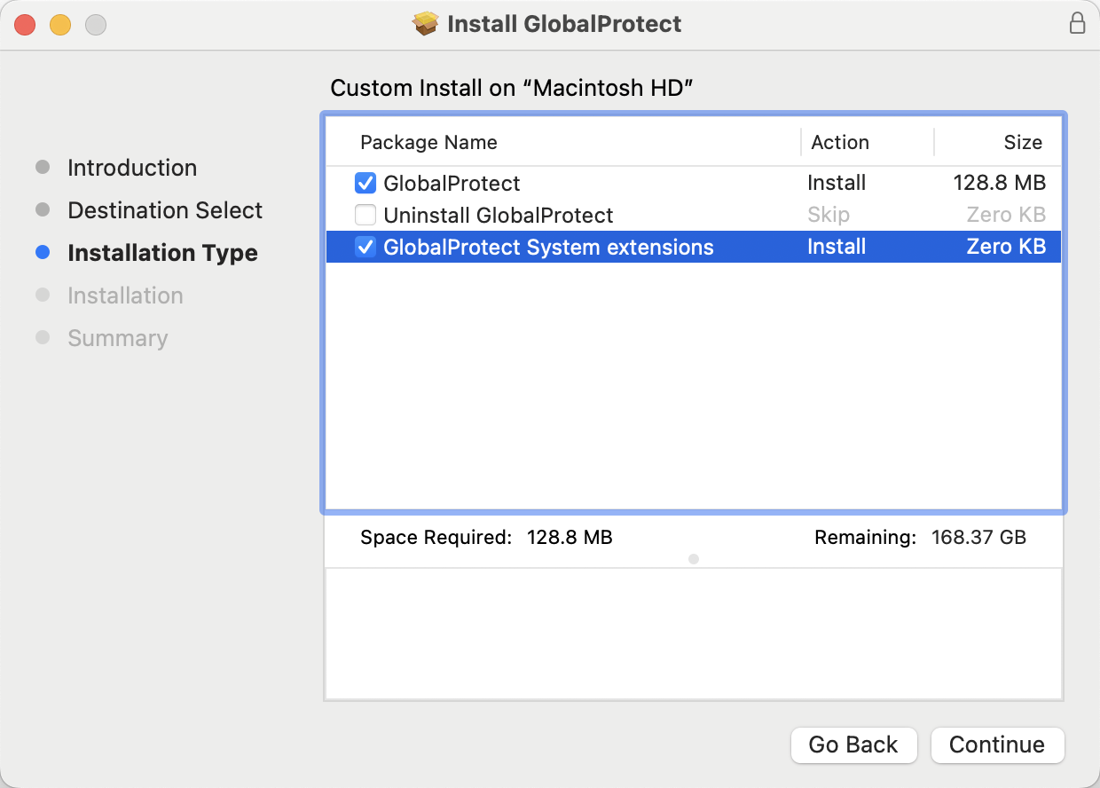 screenshot of the global protect installer with checkboxes