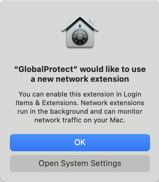 screenshot of a mac OS pop up asking the user to open system settings