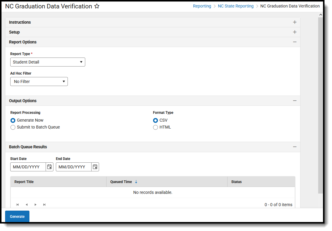 Screenshot of the NC Graduation Data Verification Extract, located at Reporting, NC State Reporting. 