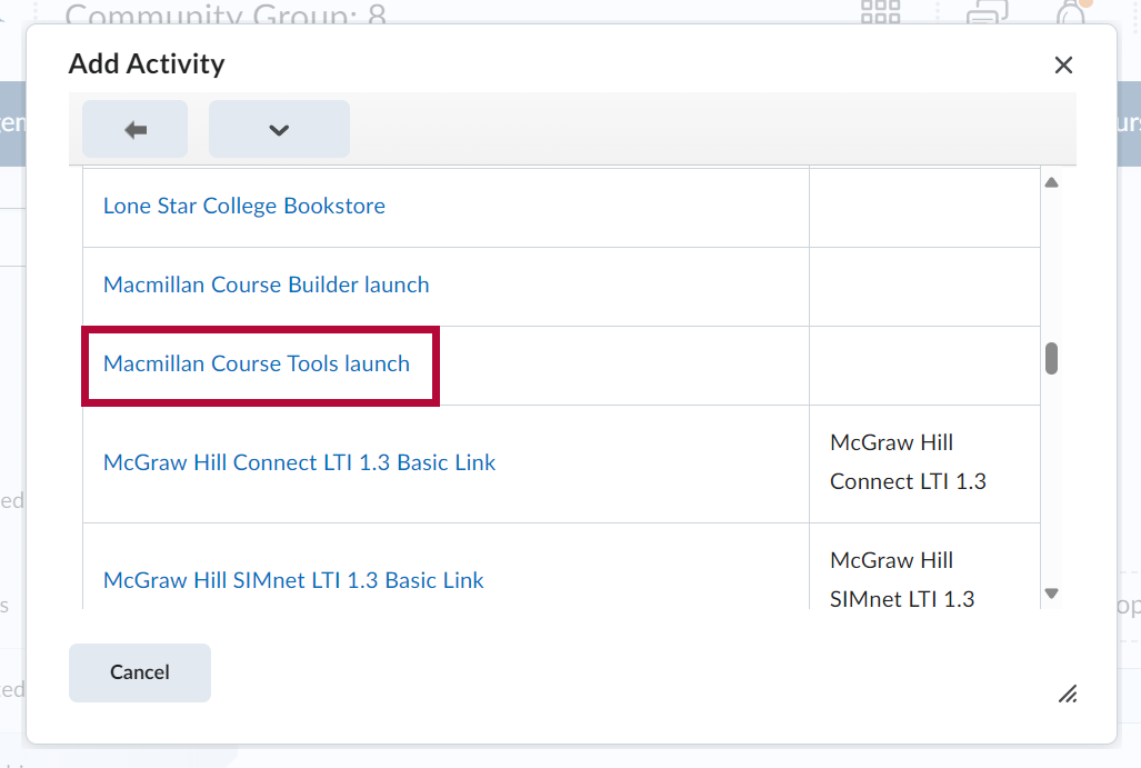 Identifies Macmillan Course Tools :Launch selection