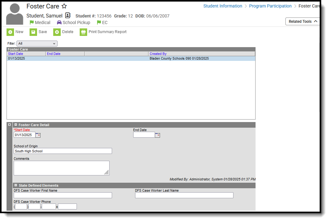 Screenshot of the Foster Care record, located at Student Information, Program Participaation