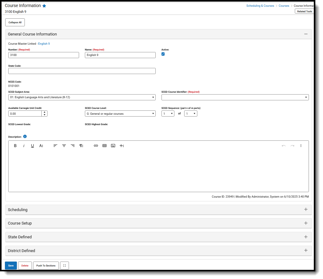 Screenshot of the Course Information editor, located at Scheduling & Courses, course Information. 