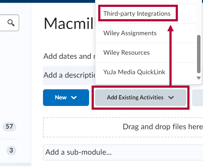 Indicates Add existing activities button and identifies Third Party Integration choice.