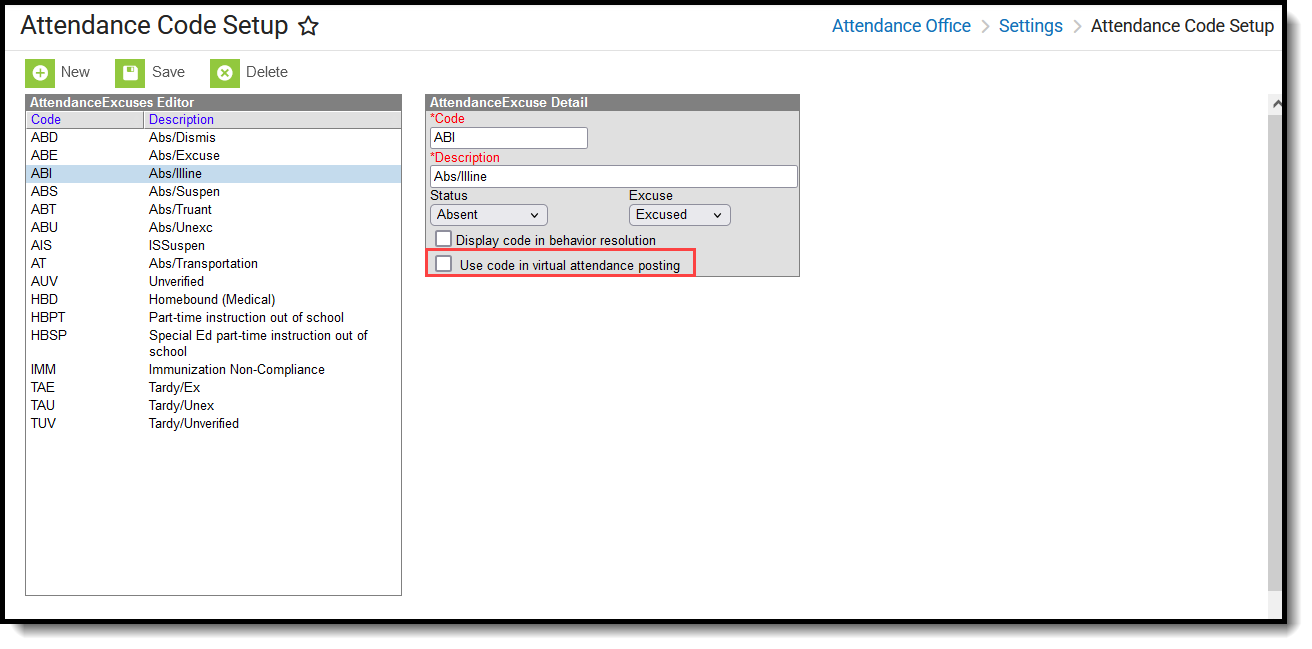 Screenshot of Attendance Code Setup tool with Virtual Attendance checkbox highlighted. 