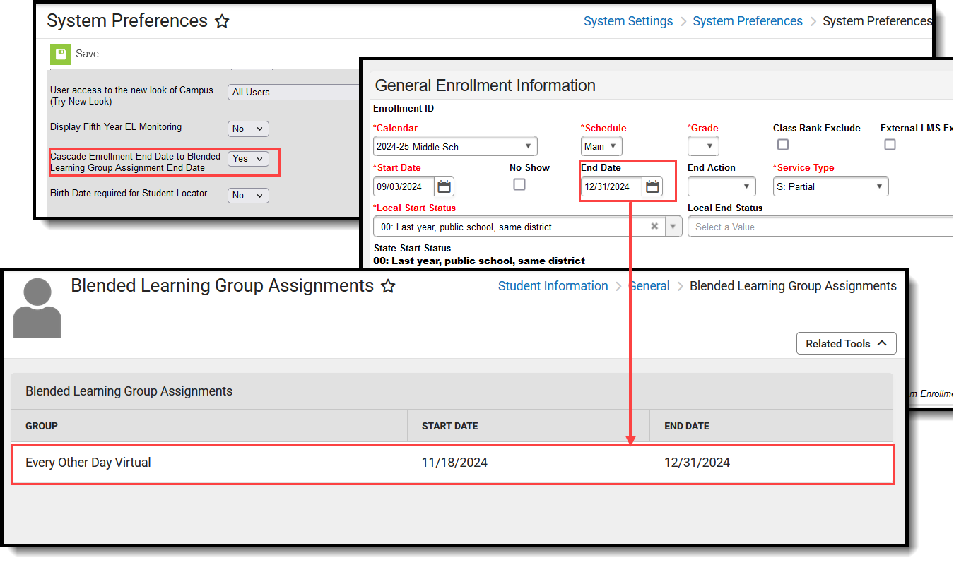 Screenshot of the BLG system preferences, student's enrollment end date, and end date on student's BLG assignments. 