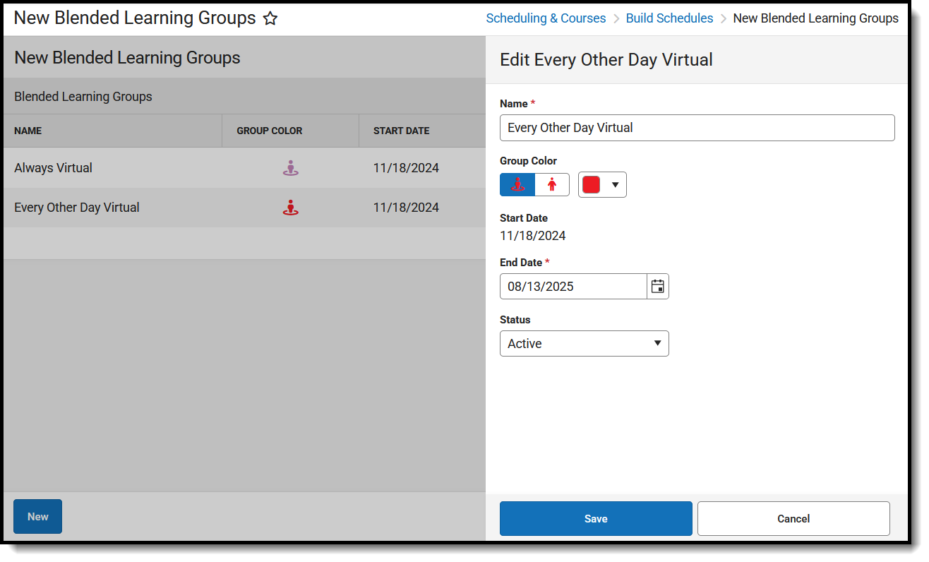 Screenshot of the New Blended Learing Group tool with the Edit Group side panel displayed. 