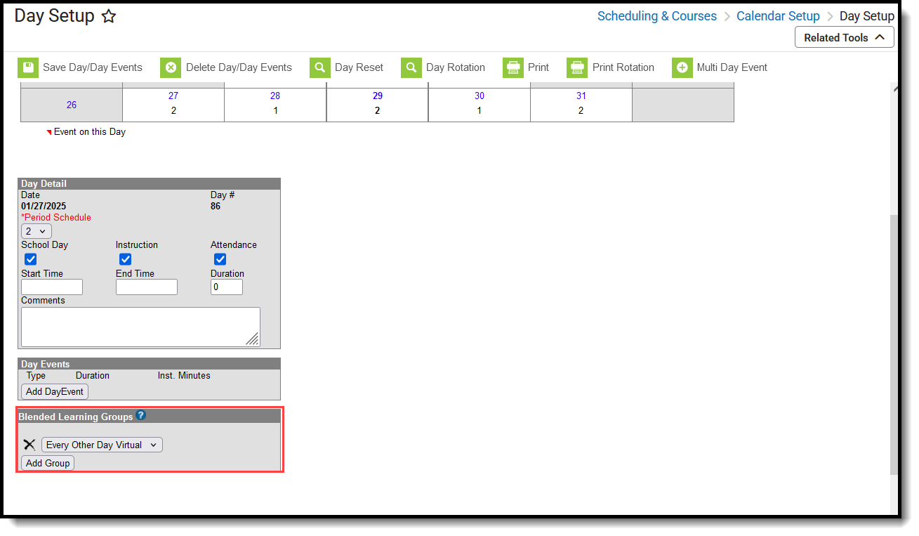 Screenshot of the Day Detail editor highlighting the Blended Learning Groups section. 