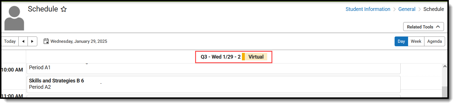 Screenshot of the student's schedule, with the Blended Learning Group assignment highlighted. 