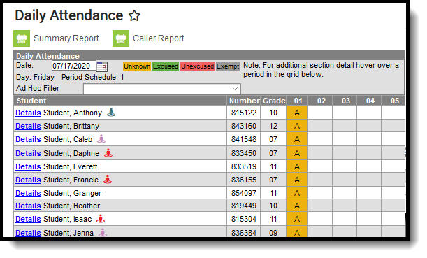 Screenshot of the BLG icons in Daily Attendance