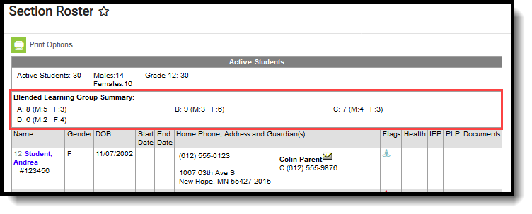 Screenshot of the Blended Learning Summary on the Section Roster
