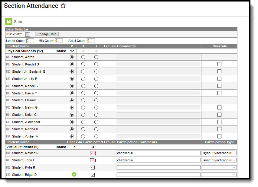 Screenshot of the Section Attendance tool showing virtual students separate from in-person students. 