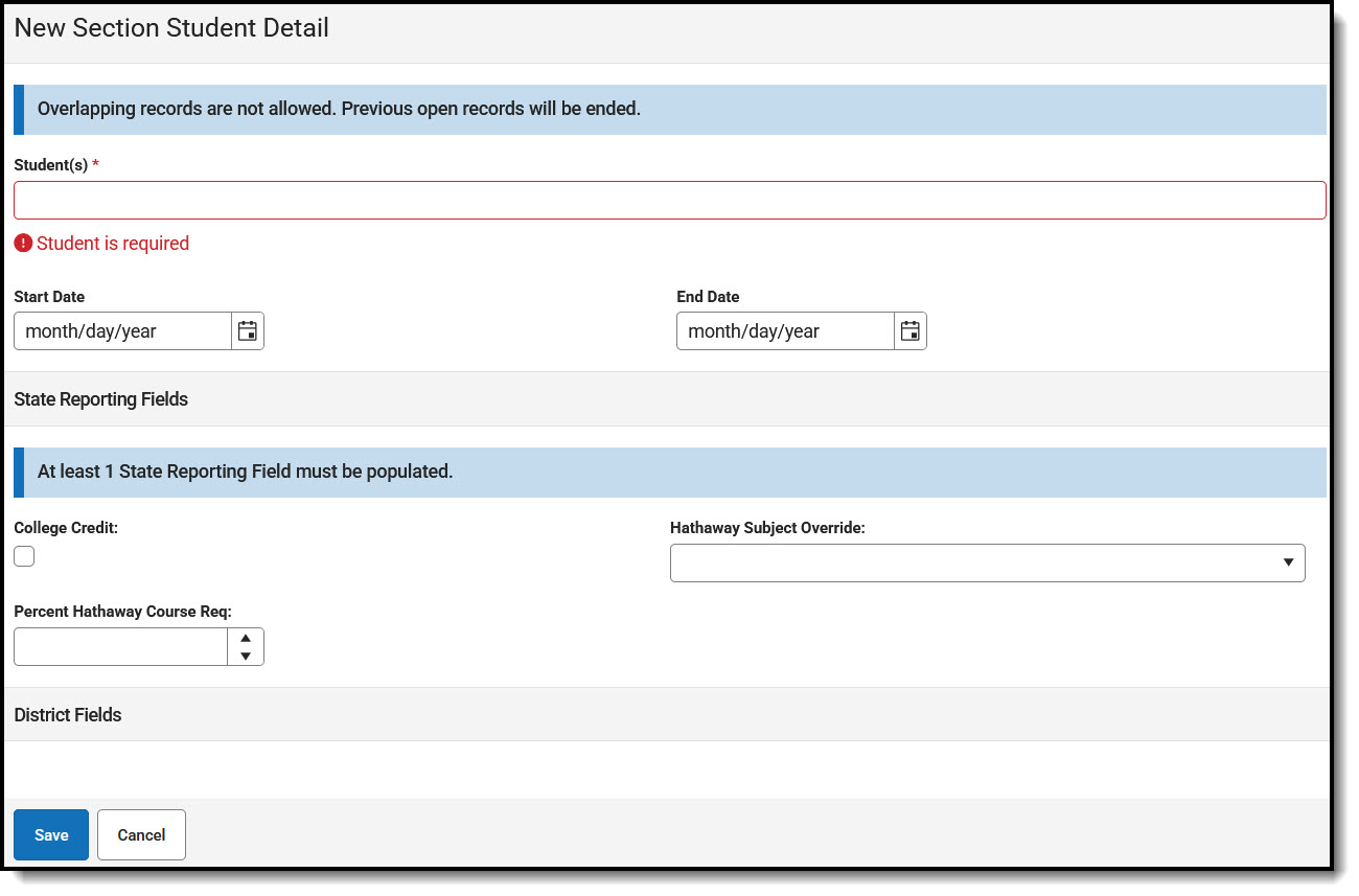 Screenshot of adding a Section Student Detail Record.