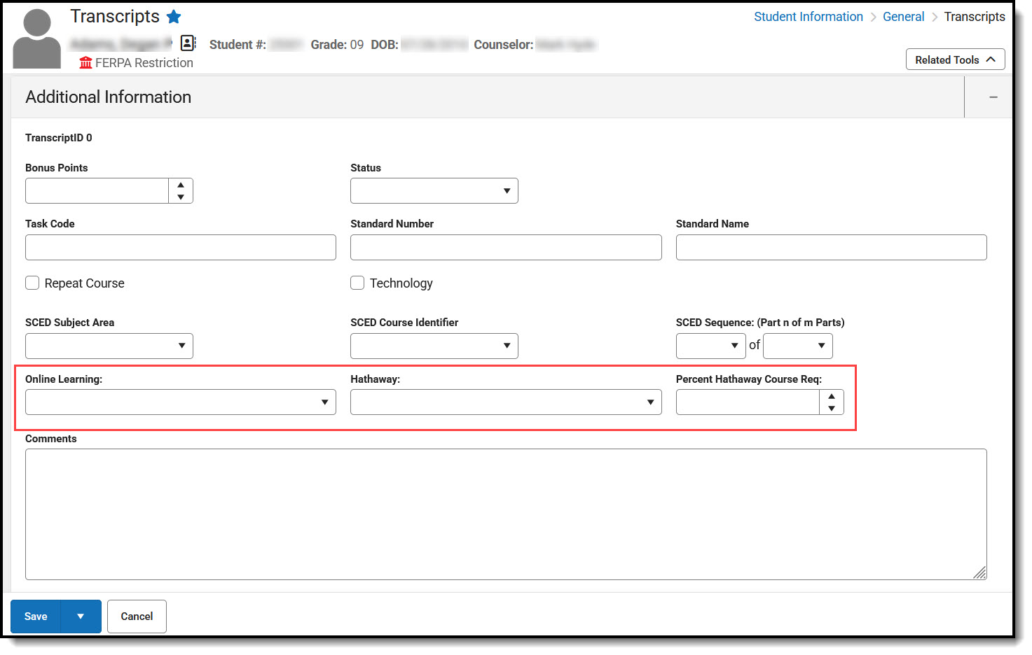 Screenshot of the Additional Information section of a Transcript record, with Wyoming-specific fields highlighted.