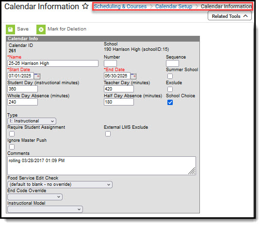 Screenshot of Calendar Information tool.