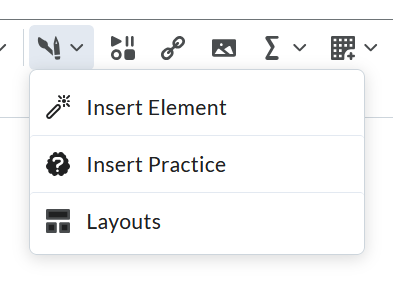 The Authoring Tools icon selected, showing all three Creator+ options, Insert Element, Insert Practice, and Layouts.