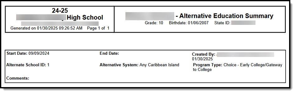 Screenshot of the Alternative Education Print Summary output. 