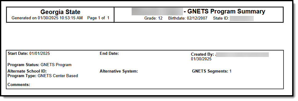 Screenshot of the Georgia GNETS Program Summary