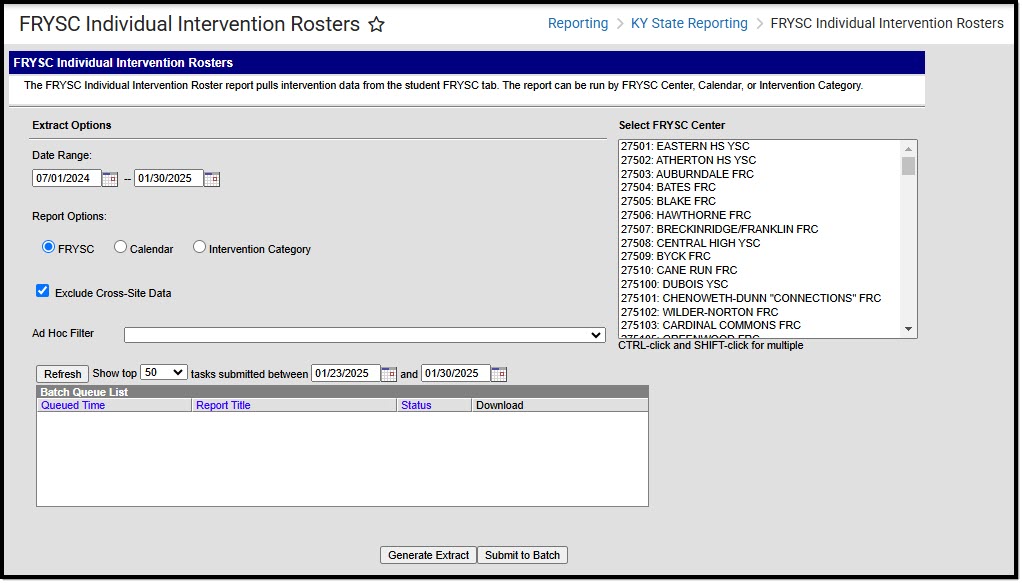 Screenshot of the FRYSC Individual Intervention Rosters report editor. 