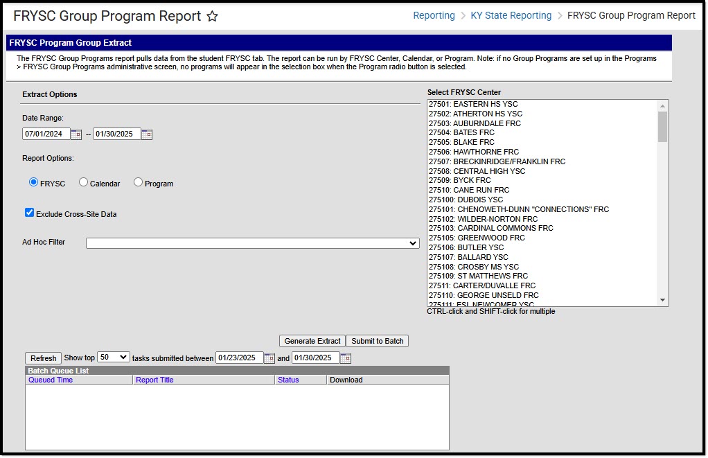 Screenshot of the FRYSC Group Program report editor.