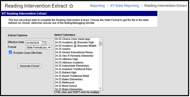 Screenshot of the Reading Intervention Extract Editor.