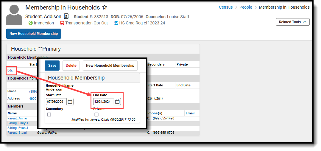 Screenshot of the student's Household Membership record being end dated.