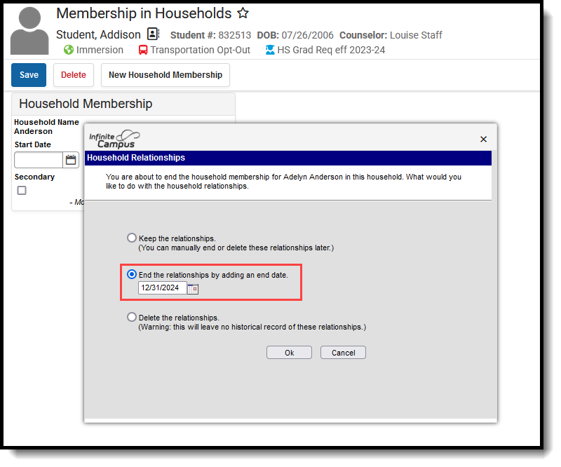 Screenshot of the Household Relationships record with the End Relationships radio button selected. 