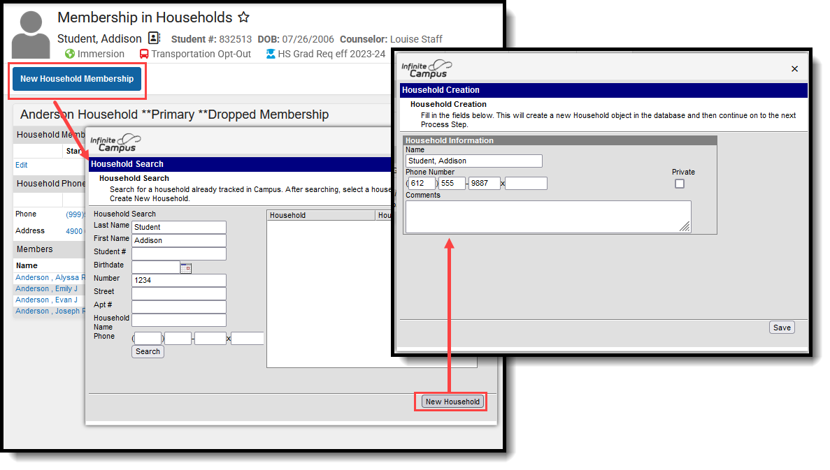 Screenshot of creating a new household for an emancipated student. 