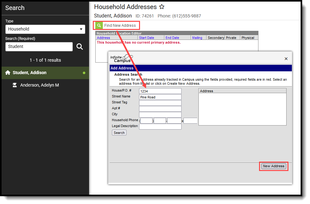 Screenshot of adding a new address to the emancipated student's household. 