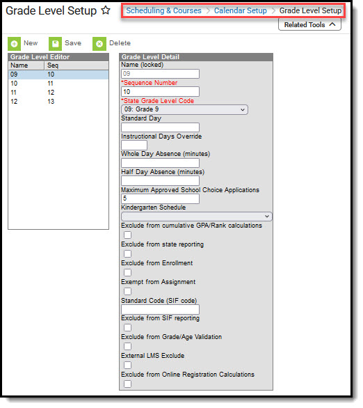 Screenshot of Grade Level Setup tool.