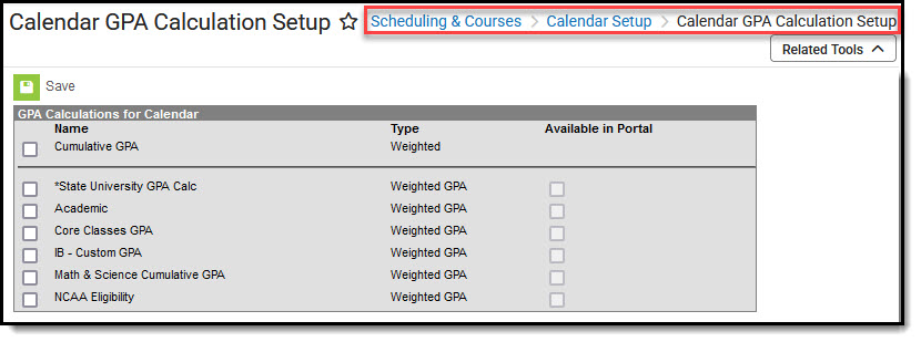 Screenshot of Calendar GPA Setup tool.