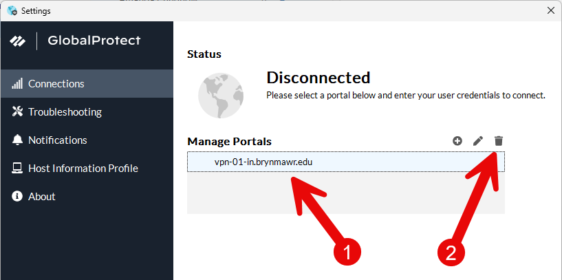 screenshot of two red arrows pointing to the vpn portal address and the trash icon