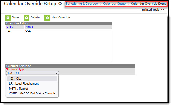 Screenshot of calendar override setup tool.