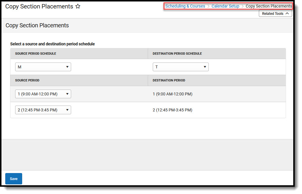 Screenshot of Copy Section Placements tool.