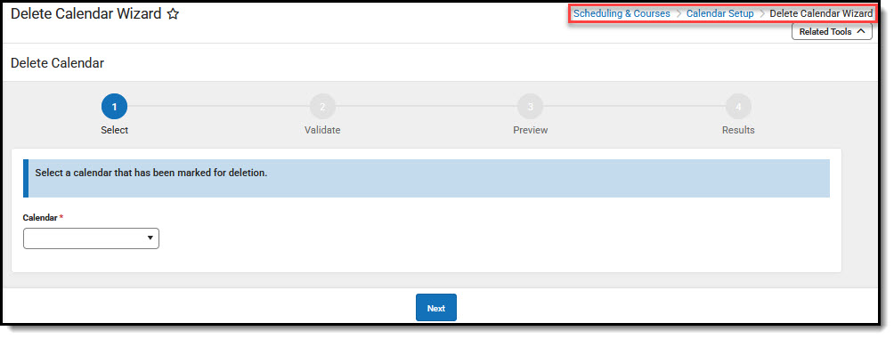 Screenshot of Delete Calendar Wizard tool.