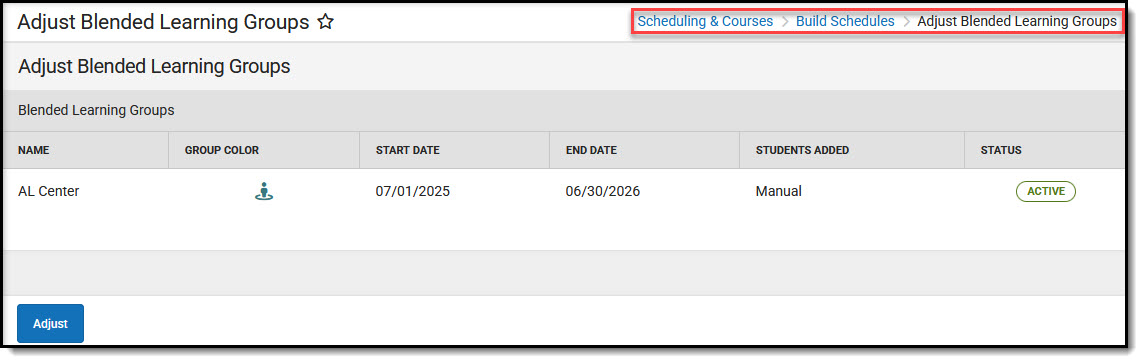 Screenshot of Adjust Blended Learning Groups tool.