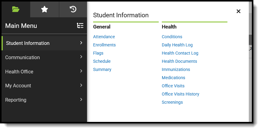 Screenshot of suggested Student Information access for Health Office Staff. 