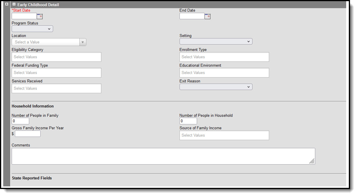 Screenshot of Early Childhood Detail editor with available fields displaying