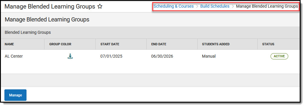 Screenshot of Manage Blended Learning Groups tool.