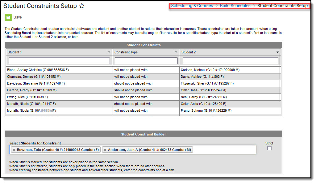 Screenshot of Student Constraints tool.