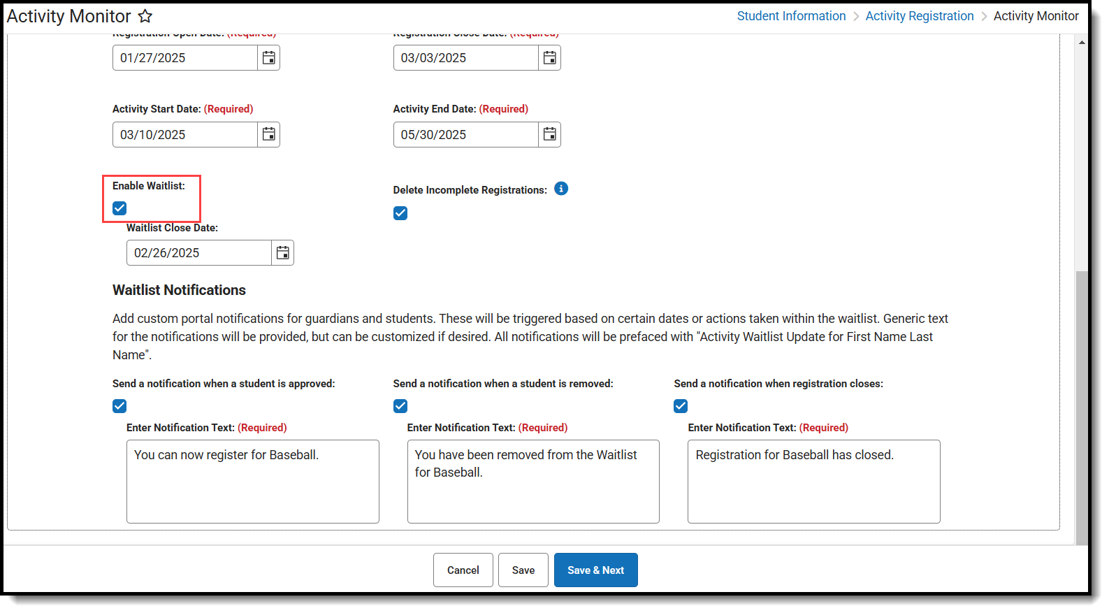 Screenshot of enable waitlist