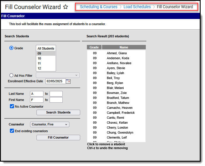 Screenshot of Fill Counselors tool.