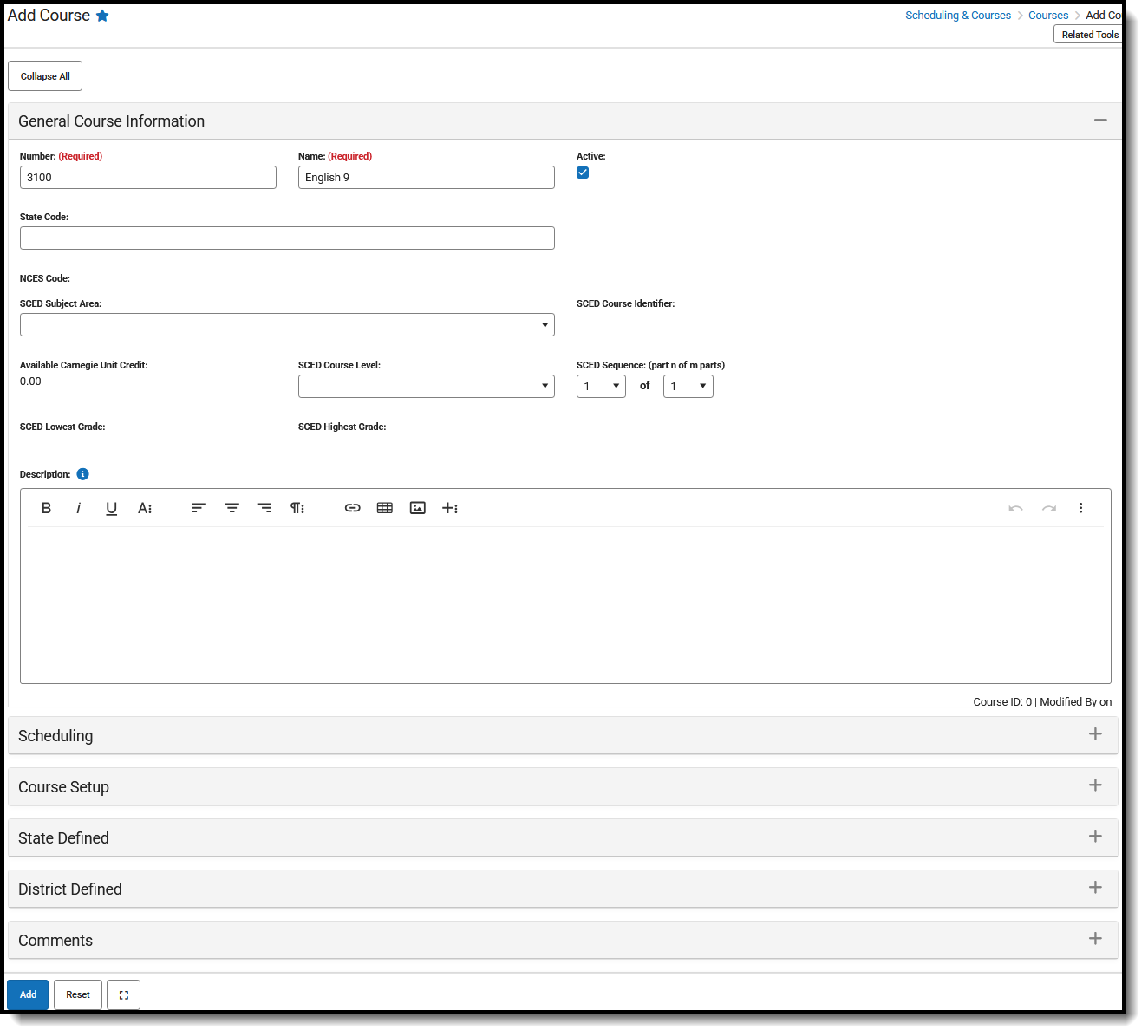 Screenshot of te Add Course tool, located at Scheduling & Courses, Courses.