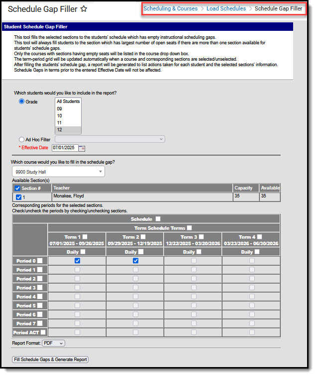 Screenshot of Schedule Gap Filler tool.